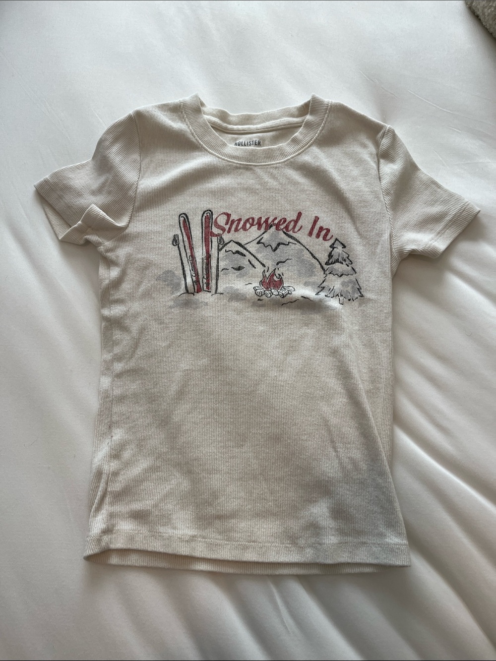 Hollister White 'Snowed In' Graphic Tee with Red Accents